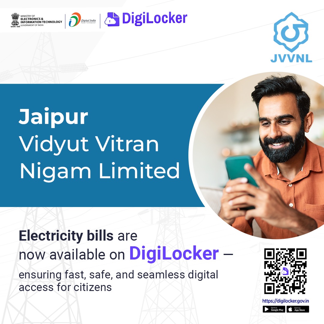 digilocker_ind's tweet image. Great News for Jaipur Vidyut Vitran Nigam Limited (JVVNL) Consumers!
Your Electricity Bills are now available on DigiLocker - fast, secure, and seamlessly accessible anytime.
#digitalindia #DigiLocker #jaipur #vidyut #rajasthan