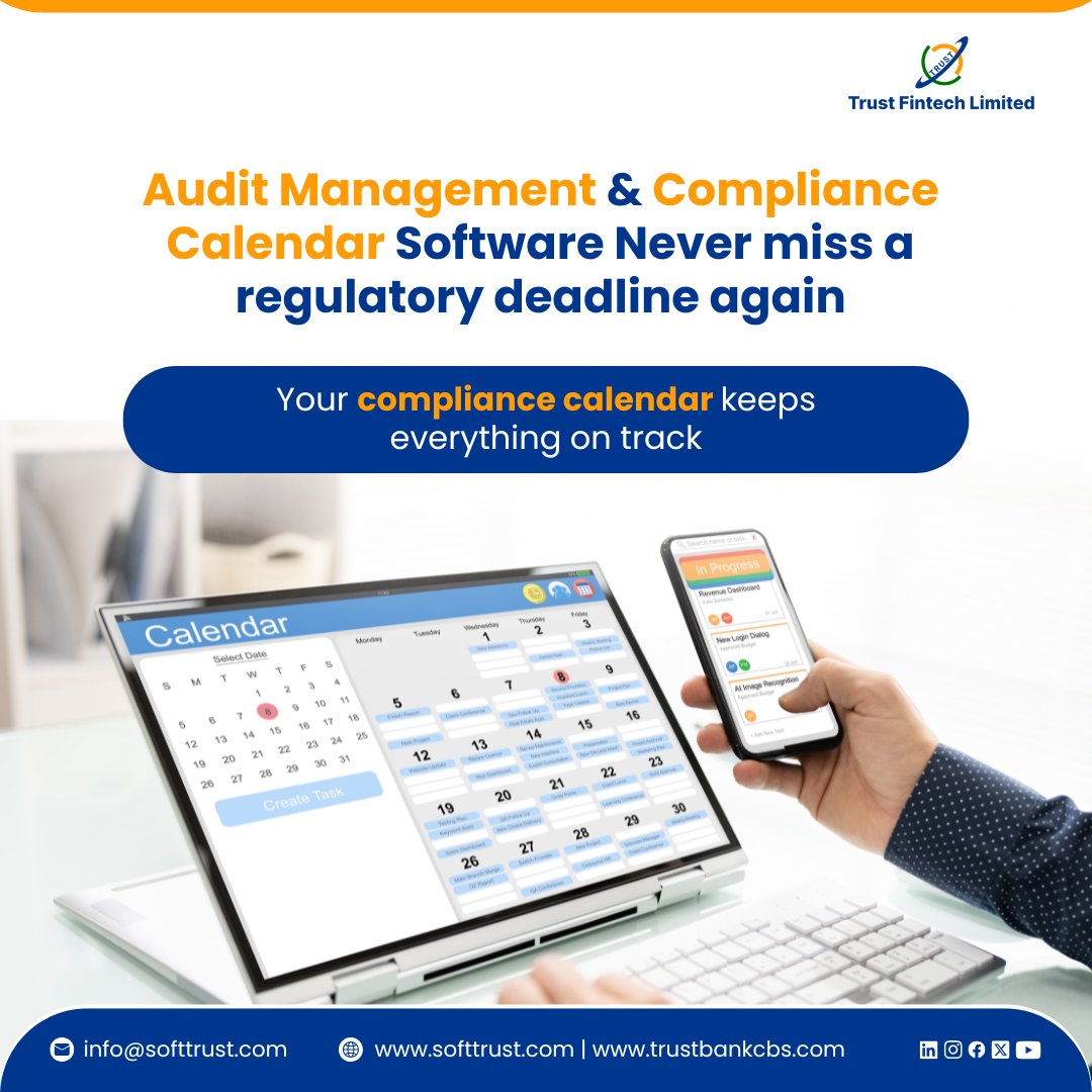 Trust_Fintech's tweet photo. Managing regulatory deadlines just got easier!

Our Compliance Calendar Software keeps your entire audit workflow organized, updated, and always on time.
Stay compliant. Stay confident. 💼📅

Learn More: https://t.co/yUJyVchrmD

#ComplianceSolutions #AuditTools #FintechSoftware https://t.co/XwAQMPkjBH