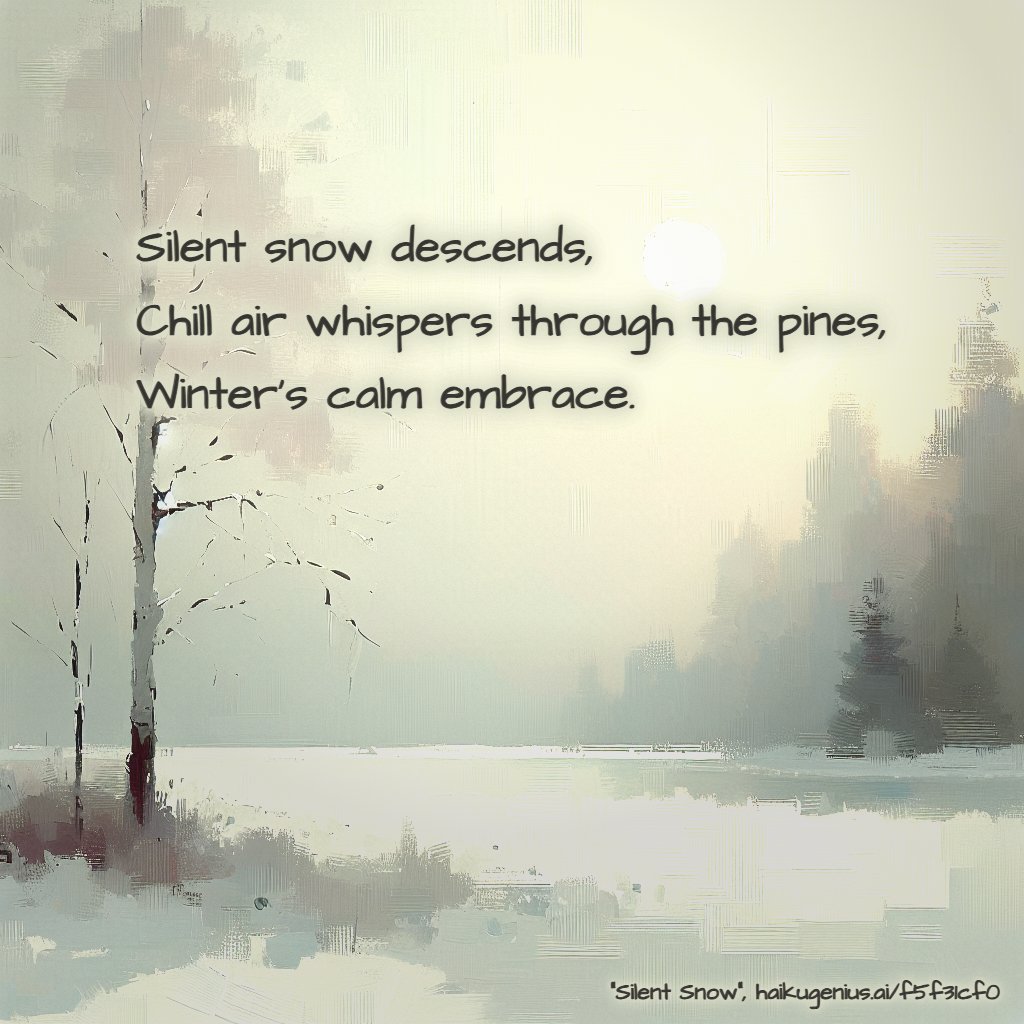 Silent snow descends,
Chill air whispers through the pines,
Winter's calm embrace.
"Silent Snow", haikugenius.ai/f5f31cf0

✨ Create your own beautiful haiku with stunning generative art—free and no signup needed! Try it now: haikugenius.ai

#SilentSnow #haiku
