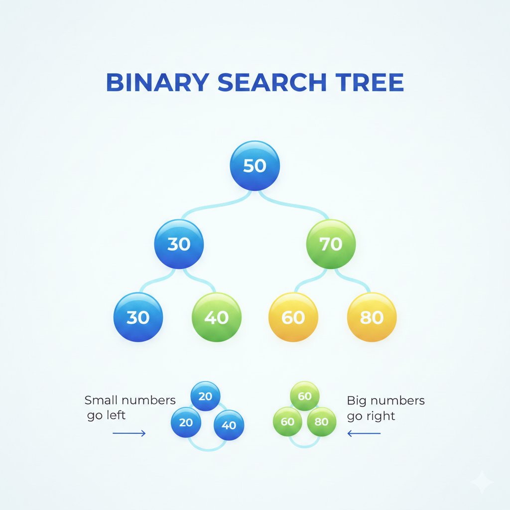 Tushar_Jsx's tweet image. Binary Search Tree is just a smart way to store numbers so you can find anything super fast.Small
numbers go left, big numbers go right. That’s it.