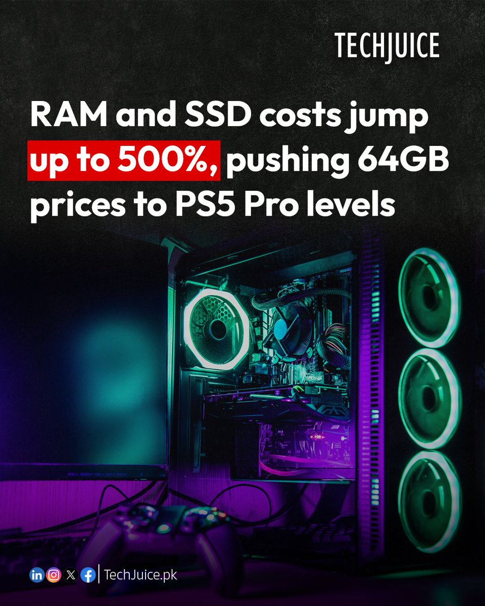 TechJuicePk's tweet image. Global RAM Prices Spike, 64GB DDR5 Now Costs as Much as a PS5 Pro.
Global RAM prices have surged by up to 500 percent and SSD prices have doubled as demand for AI infrastructure soars and supply shortages worsen. 

#techjuice #ram #ddr5 #pcbuilding #hardware #gaming #ps5pro