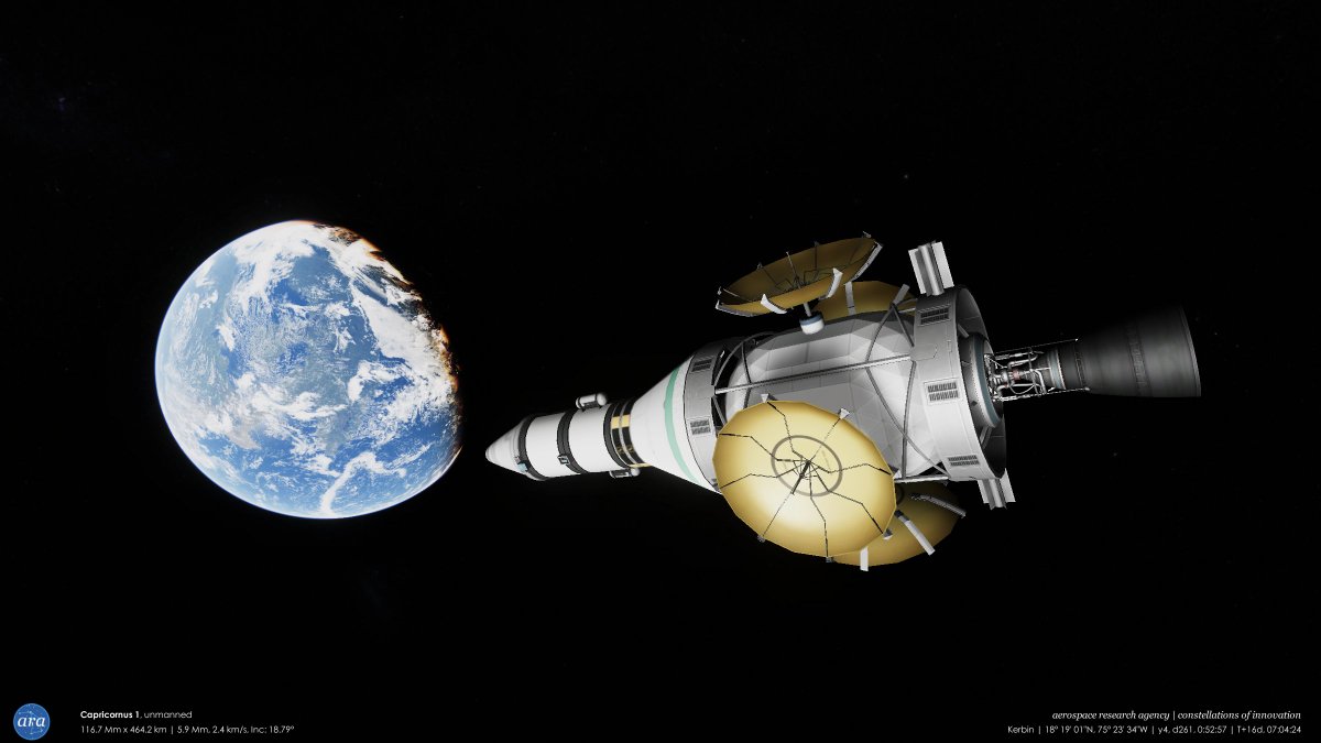 mikusingularity's tweet image. [ARA] Y4, D244-261 - Capricornus 1, the first probe to flyby Dres, is launched from Minmus