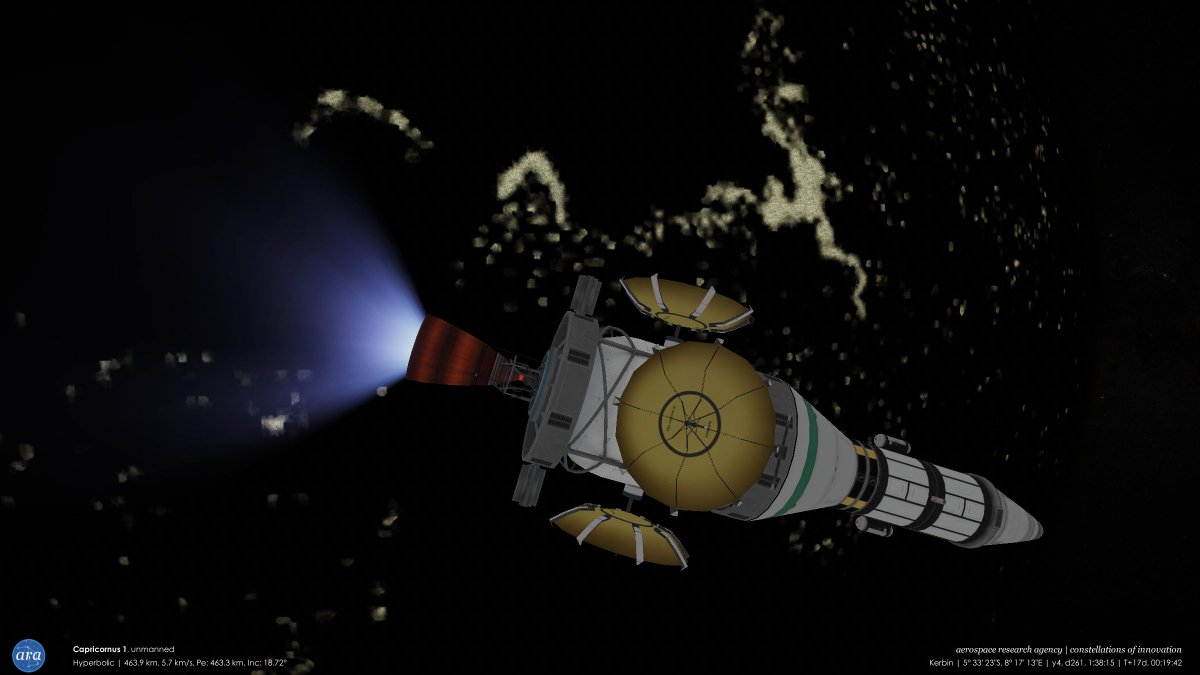 mikusingularity's tweet image. [ARA] Y4, D244-261 - Capricornus 1, the first probe to flyby Dres, is launched from Minmus