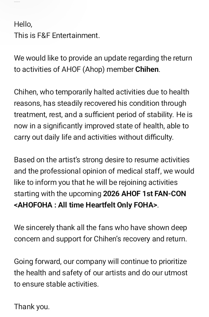 ahofnews's tweet image. AHOF CHIHEN to resume activities with AHOF starting with their upcoming 1st FAN-CON &amp;lt;AHOFOHA : All time Heartfelt Only FOHA&amp;gt;, following his hiatus due to health reasons.