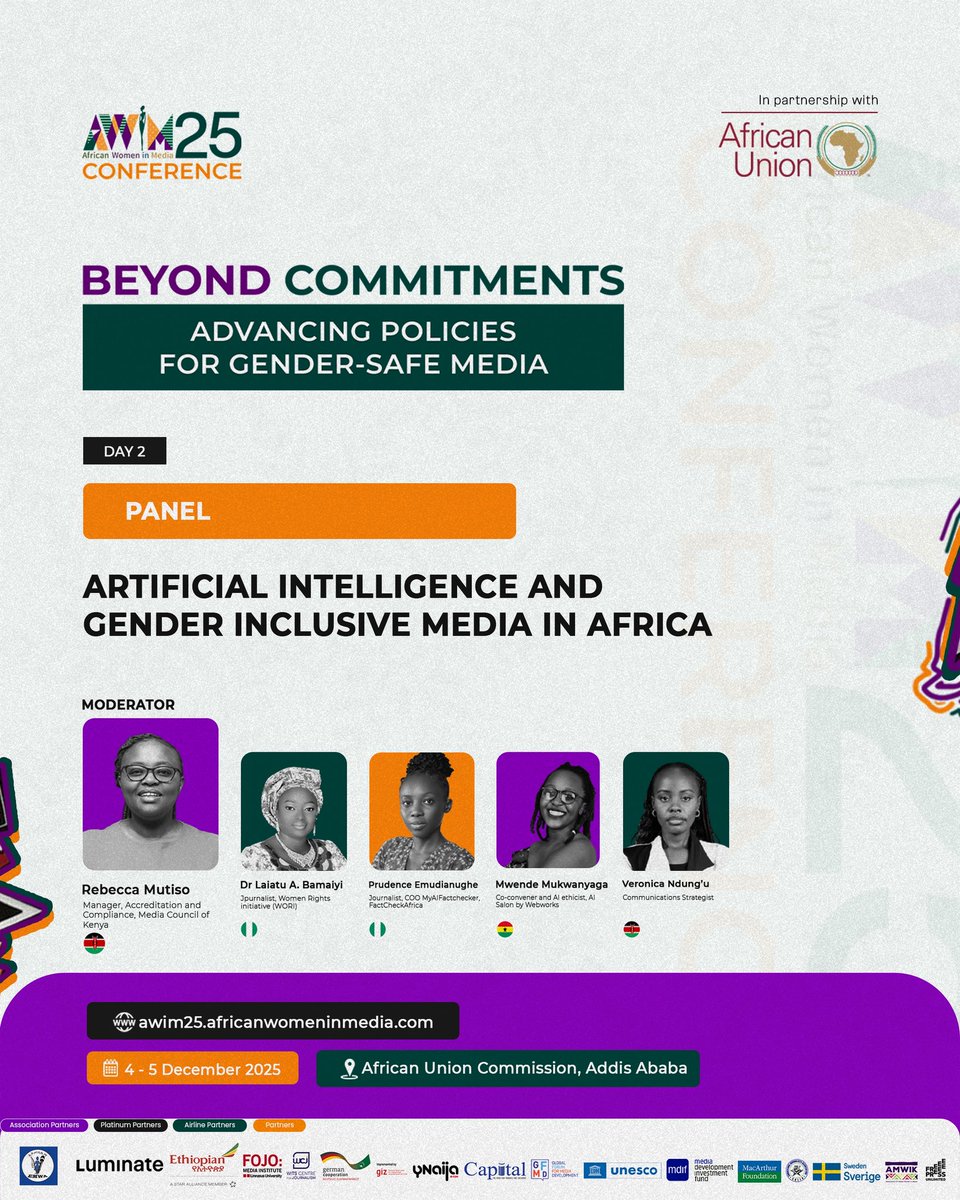 RealAWiM's tweet photo. AWiM25 is only 3 days away. At the African Union Commission Headquarters, leaders and experts will confront the urgent policies needed to advance gender-safe media across Africa. The conversations that shape tomorrow’s media landscape are happening here.
#AWiM25 #mediaspace https://t.co/XzrHCH5sbS