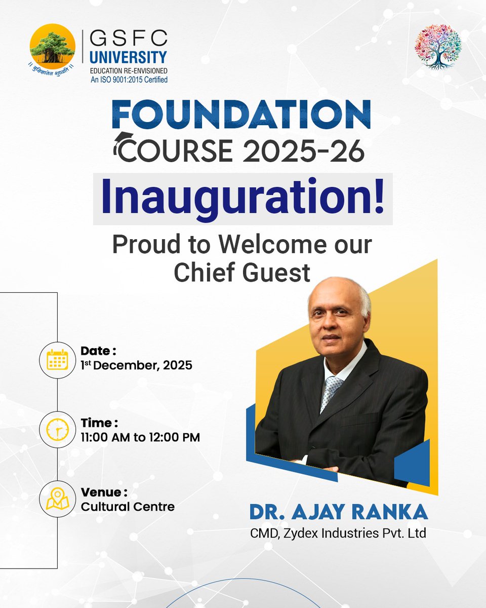 GSFCUniversity's tweet image. Kickstarting the Foundation Course 2025–26
We’re honored to welcome Dr. Ajay Ranka, CMD of Zydex Industries, as our Chief Guest—a visionary leader and innovator who will inspire students to think big and aim higher
#FoundationCourse #GSFCUniversity #GSFCU #2025Batch #Inauguration