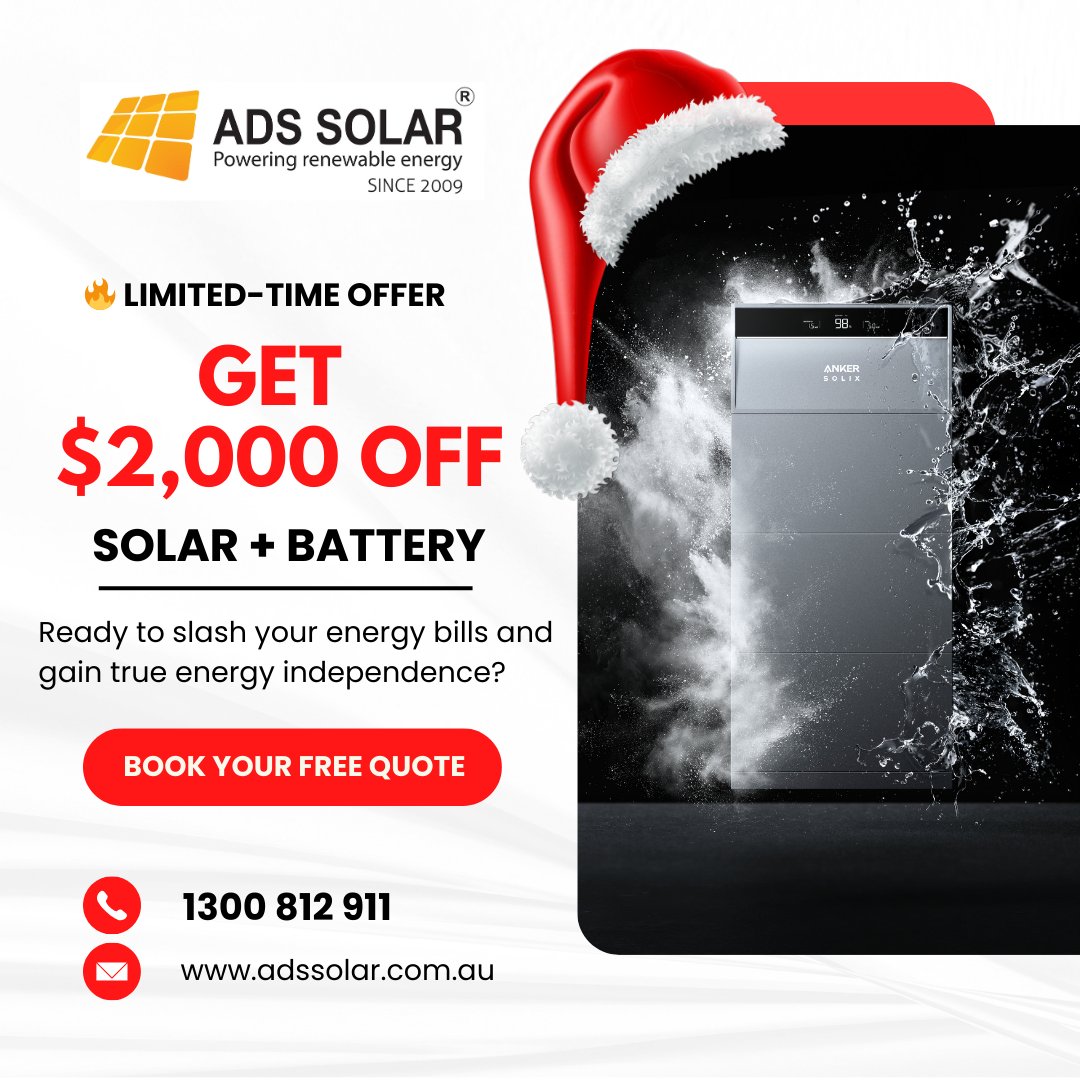 ADSSolar's tweet image. $2,000 OFF Solar + Battery! 🔋⚡

ADS Solar is offering a limited-time $2,000 discount on Solar + Battery installations 🔥

Cut your energy bills, store your own power &amp;amp; get blackout protection.
📞 1300 812 911
👉 adssolar.com.au
#SolarBattery #ADSSolar  #Australia