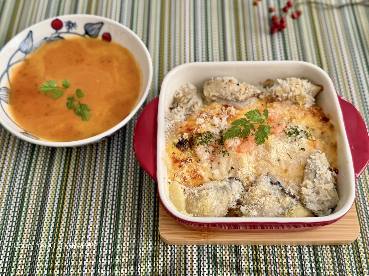 39coco39coco's tweet image. 牡蠣グラタン × えびのビスク。

海の恵みで、今日はちょっと“大海原”に出てる気分よ🤭

おついたち頑張った！

#おうちごはん #coco日和