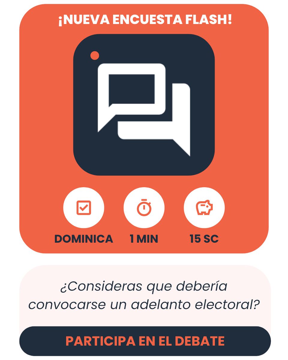 ¿Consideras que debería convocarse un adelanto electoral?

🔥 ¡ENCUESTA FLASH en tu perfil!

👉 Inicia sesión y participa: @trustsurvey
🔗 Enlace directo: sigmados.com/panel/#/login?…

📊 DOMINICA
⏰ 1 minutos
🟡 15 sigcoins

_
PREGUNTAS FRECUENTES:

🟡 ¿Qué son los sigcoins? Son los