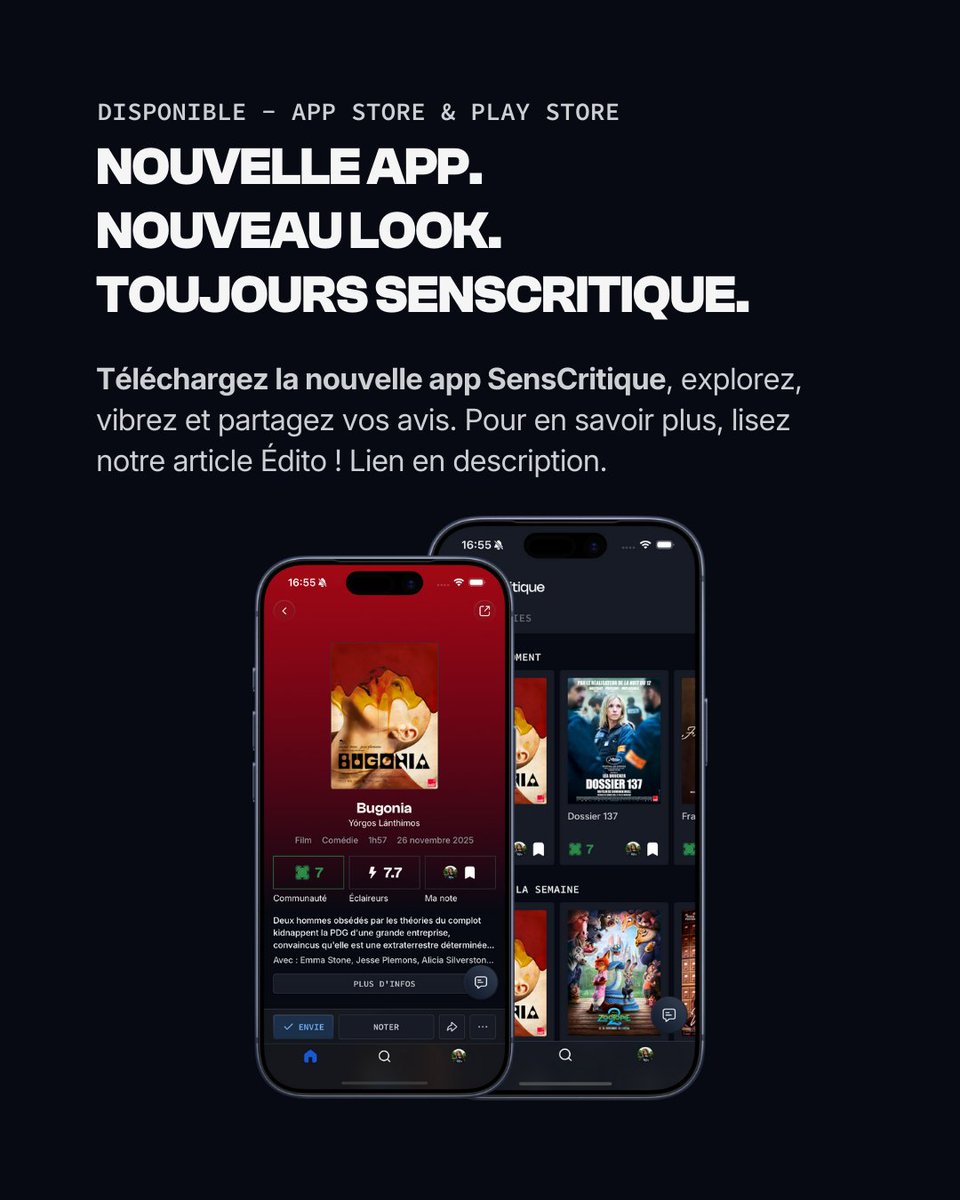 Ça y est, la nouvelle application SensCritique est disponible. ✨

Pour en savoir plus : bit.ly/48wi2lX