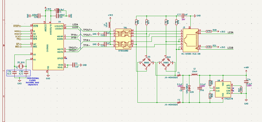 8bitgeek's tweet image. 🤓Nerd frens, re-working an existing PCB design and removing that wretched @MicrochipTech  ENC20J60💩 SPI Ethernet IC, and replacing with a shiny new Nanjing Qinheng Microelectronics CH390D, while adding Power Over Ethernet (POE) - please critique my 1st ever POE design.