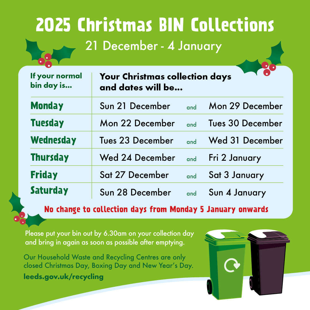 🎄🎅♻️ IMPORTANT CHRISTMAS BIN-FORMATION!

Collection days change between 21 Dec-4 Jan
Check your bin days at leeds.gov.uk/xmasbins or download the Leeds Bins app

Normal scheduled collection days return from 5th Jan

Look out for your revised Xmas bin day leaflet in the post!
