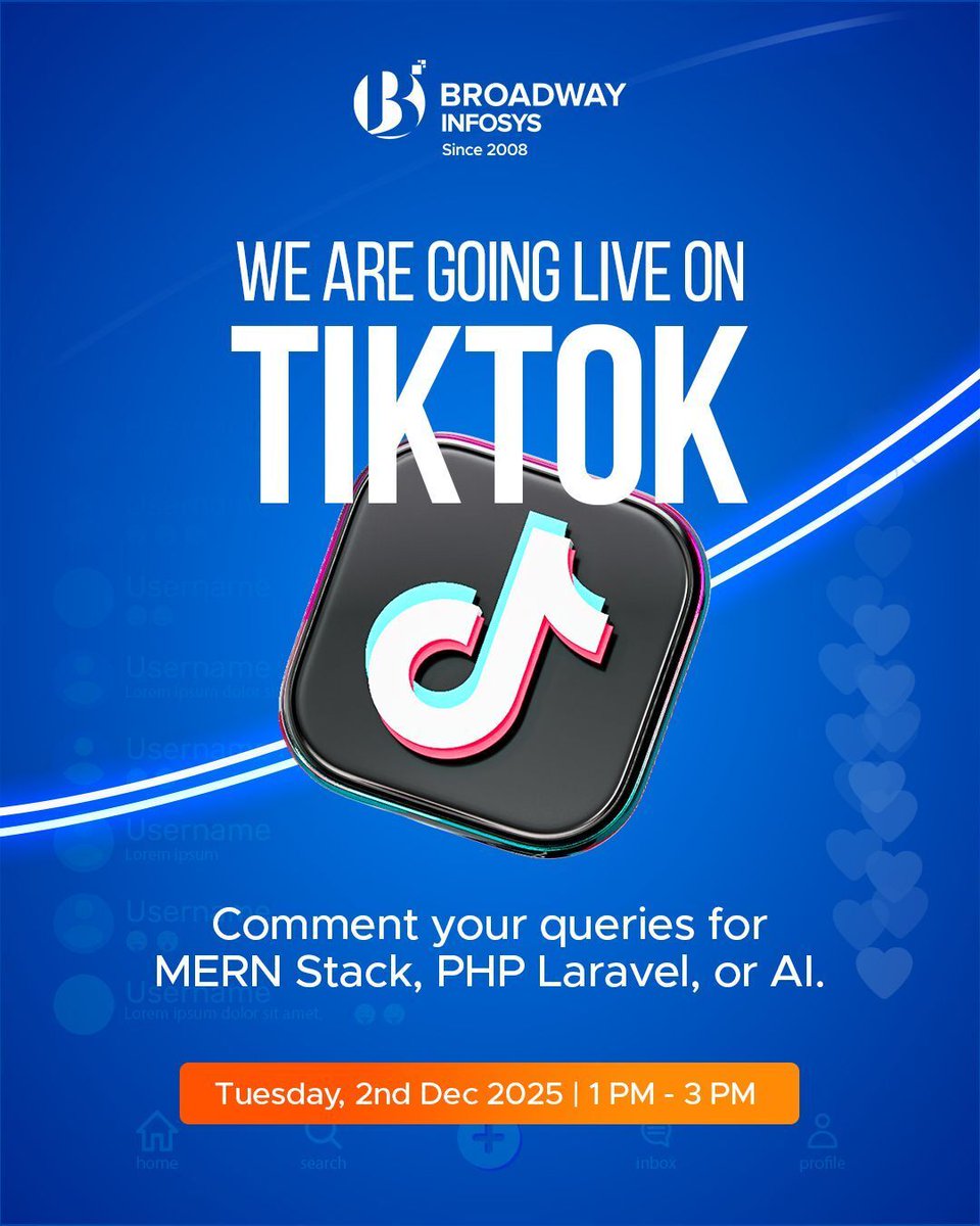 broadwayinfosys's tweet image. We’re Going LIVE on TikTok!
Date: 2nd December 2025
Time: 1:00 PM – 3:00 PM

Do you have questions about the course and career opportunities?
Especially in MERN Stack, PHP Laravel, or AI?
Join the session and get real guidance for your IT career growth.

#BroadwayInfosys
