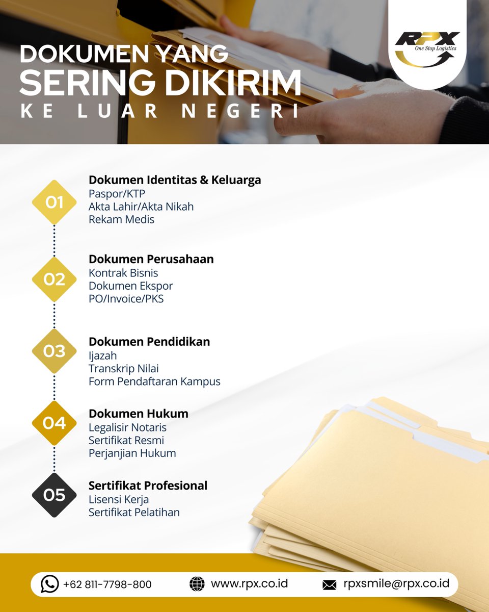 Banyak yg belum tahu dokumen seperti paspor, ijazah, kontrak hingga legalisir notaris bisa dikirim ke luar negeri melalui RPX.
Handling khusus dokumen confidential, sehingga keamanan &amp; privasi tetap terjaga. Biar kamu fokus ke tujuanmu, urusan pengiriman biar RPX kami urus 🙌