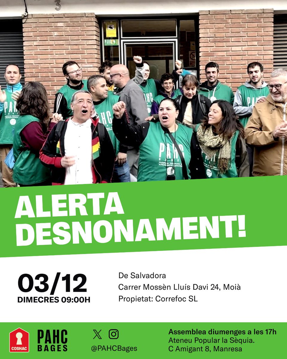 🟢 Dimecres 3 de desembre aturem el desnonament de la Salvadora! 📌 A les 9h al C/ Mossèn Lluís Davi 24, Moià

✊ SI SE PUEDE!