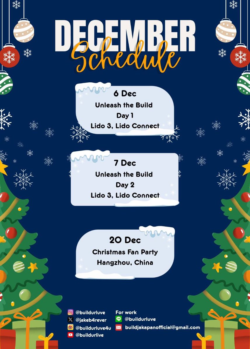 BiutifulBuild's tweet image. Build&apos;s Schedule — December 2025 💙

Dec 06 - Unleash the Build Fansign - Day 1
📍 Lido 3, Lido Connect
Dec 07 - Unleash the Build Fansign - Day 2
📍 Lido 3, Lido Connect
Dec 20 - Build Christmas Fan Party
📍 Hangzhou, China

@JakeB4rever #BuildJakapan #Beyourluve