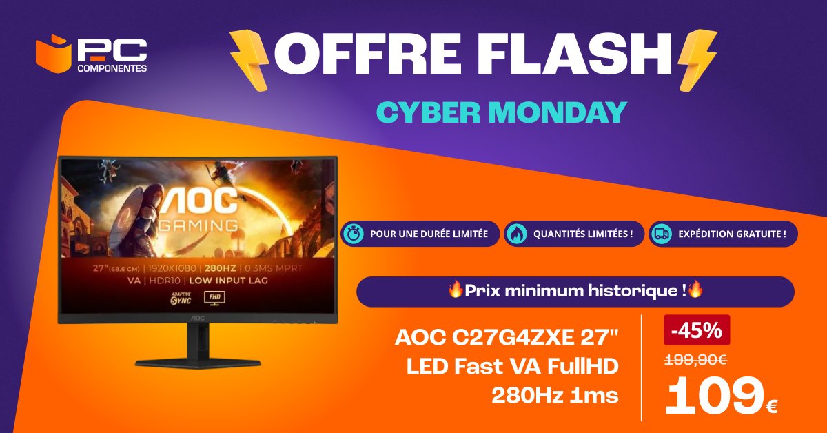 PcComponentesFR's tweet image. OFFRE FLASH : #AOC 🚨

Découvrez l&apos;écran gaming AOC à seulement 109€ ! 🖥️

Offre valable uniquement 24h !⌛

➡️ pccom.co/cyberweek

#Cyberweek #Promotion