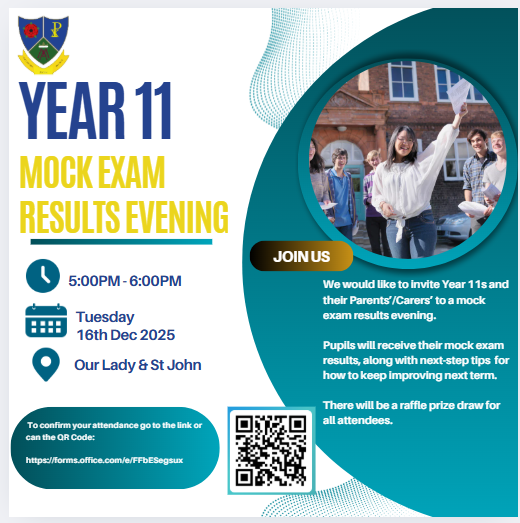 Year 11 Mock Results Evening
We look forward to welcoming all Year 11 pupils and their parents/carers to our Year 11 Mock Results Evening.During the event, pupils will receive their mock examination results along with their Year 11 report.
