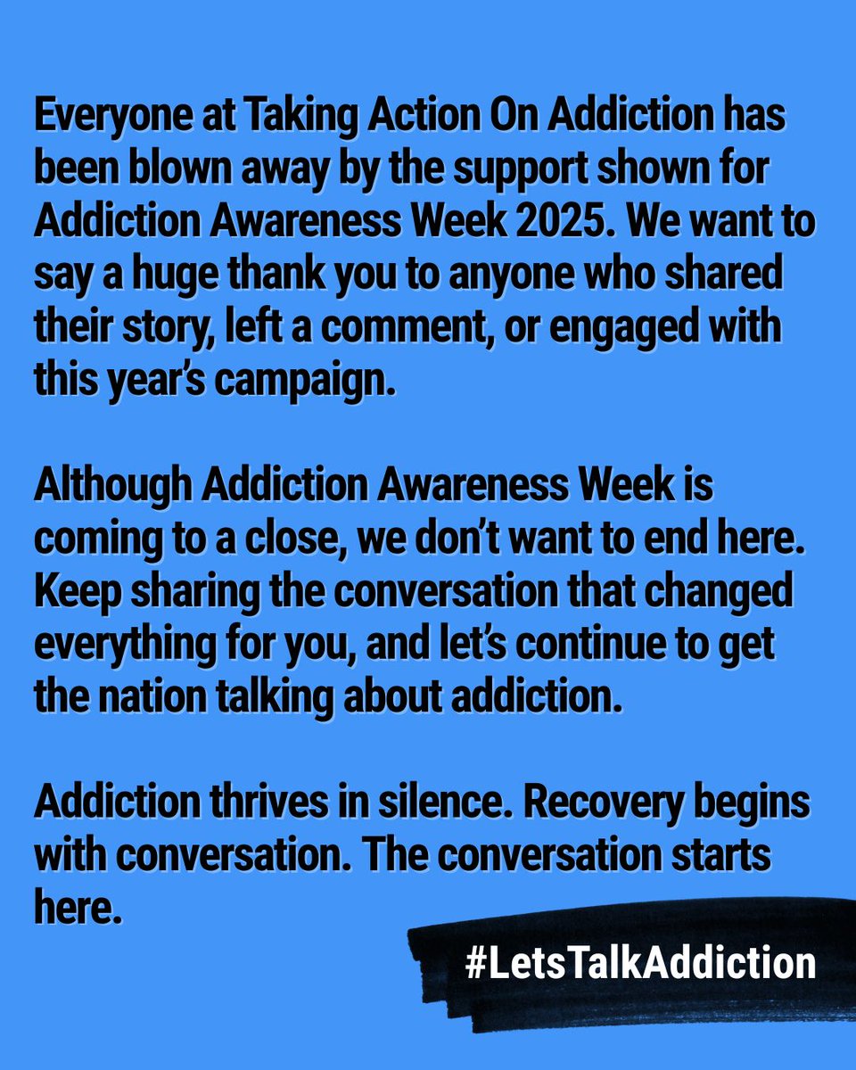 ActionAddiction's tweet image. We want to say thank you. ❤️

Read our full review of Addiction Awareness Week 2025 here: takingactiononaddiction.org.uk/news/addiction…

#LetsTalkAddiction