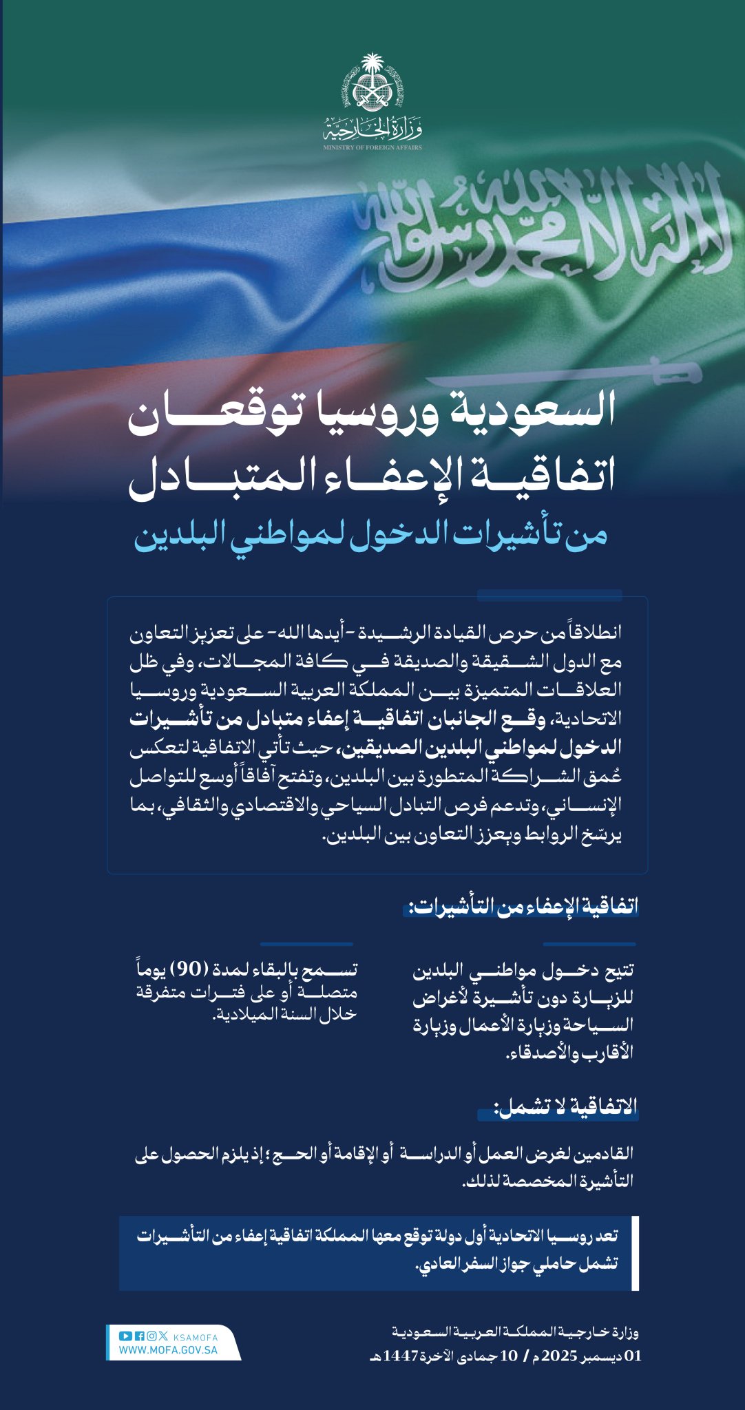 السعودية وروسيا توقعان اتفاقية للإعفاء المتبادل من تأشيرات الدخول