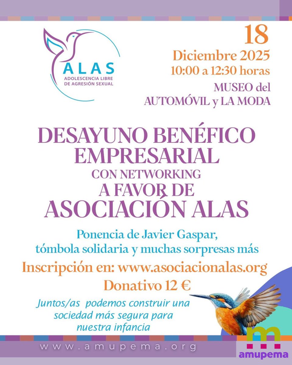 Asociación ALAS te invita a su desayuno networking empresarial solidario, que celebrarán el 18 de diciembre en el <a href="/MuseoAutomovilM/">Museo del Automóvil y la Moda de Málaga</a> de 10:00 a 12:30 h.

Inscripción asociacionalas.org/desayuno-benef… 

#asociacionalas #amupema #empresarias #emprendedoras #Desayunonetworking #solidaridad