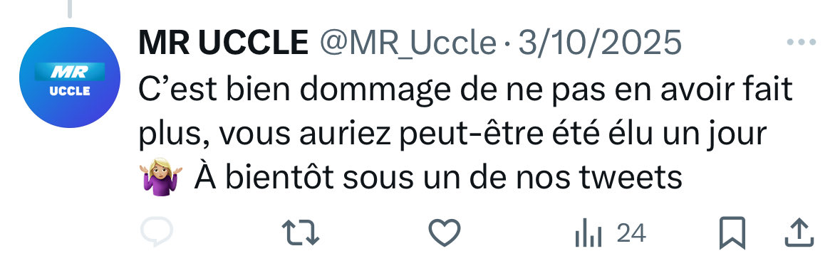 Le niveau du MR Uccle … à gauche, leur ‘activisme’ dans leur propre commune, à droite, leur style de communication officielle. La Classe. Le Respect. 
<a href="/BorisDillies/">Boris Dilliès</a> <a href="/JoBiermann/">Jonathan Biermann</a>