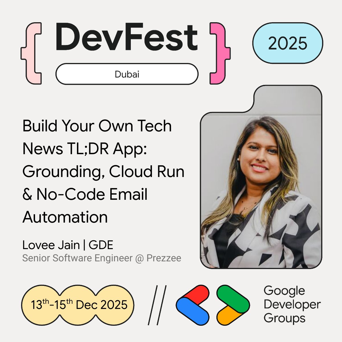 GDGDubai's tweet image. 🚨 Speaker Alert! Learn from Google Developer Expert @LoveeJain at #DevFestDubai! Build your own Tech News TL;DR App with Grounding, Cloud Run &amp;amp; No-Code automation. Don&apos;t miss this!
gdg.community.dev/events/details…
#DevFest #GCP #CloudRun