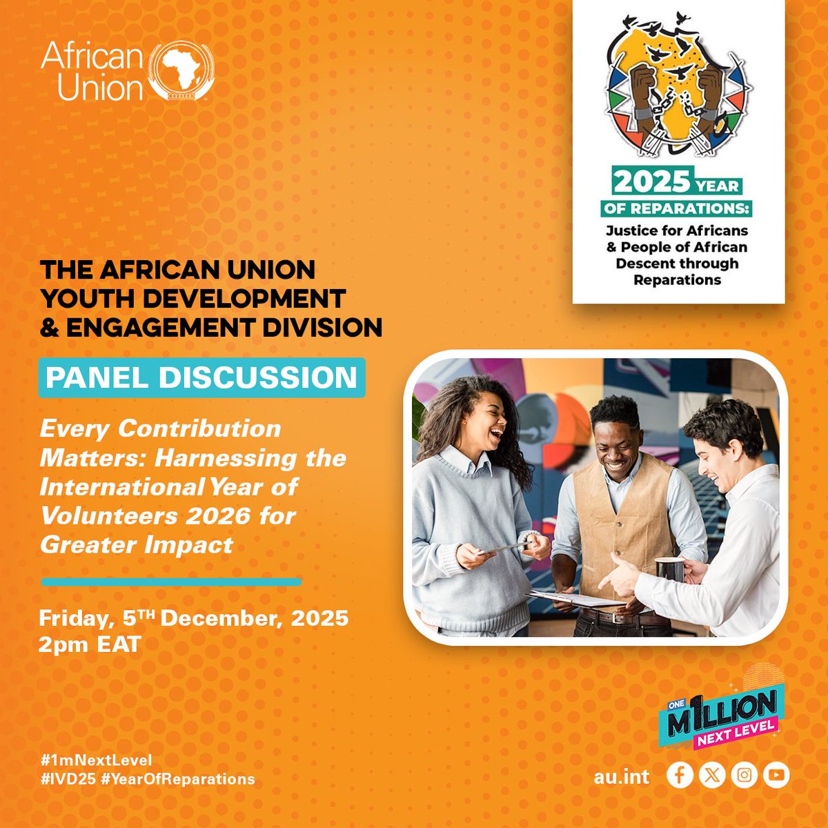 AUVolunteer's tweet photo. 📢 #IVD2025 is around the corner! 🚨
Join us for a Virtual High-Level Panel Discussion as we celebrate under the theme "Every Contribution Matters: Harnessing the International Year of Volunteers 2026 for Greater Impact"
Register Now!
🔗https://t.co/bboJ3Y78yG
#1mNextLevel https://t.co/f30pgvVWoL