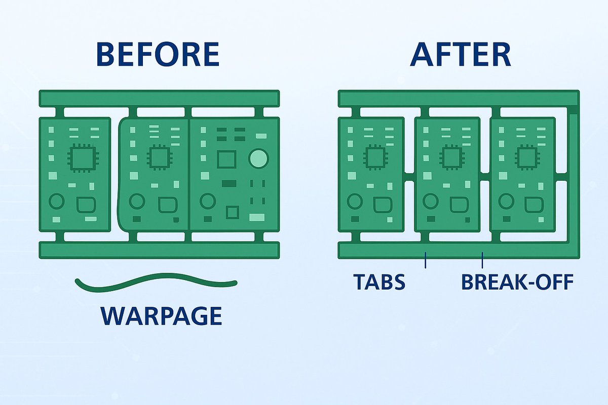 SAS_Microchip's tweet image. Smart panelization = better yield.
Before/after fixes:
• Tabs &amp;amp; rails
• Break-offs
• Warpage control
Right panelization reduces warpage, speeds depaneling, and protects components.
🌐 sas-tech.com | 📱 +972-529552406
#PCB #Panelization #PCBA #DFM #SASTech
