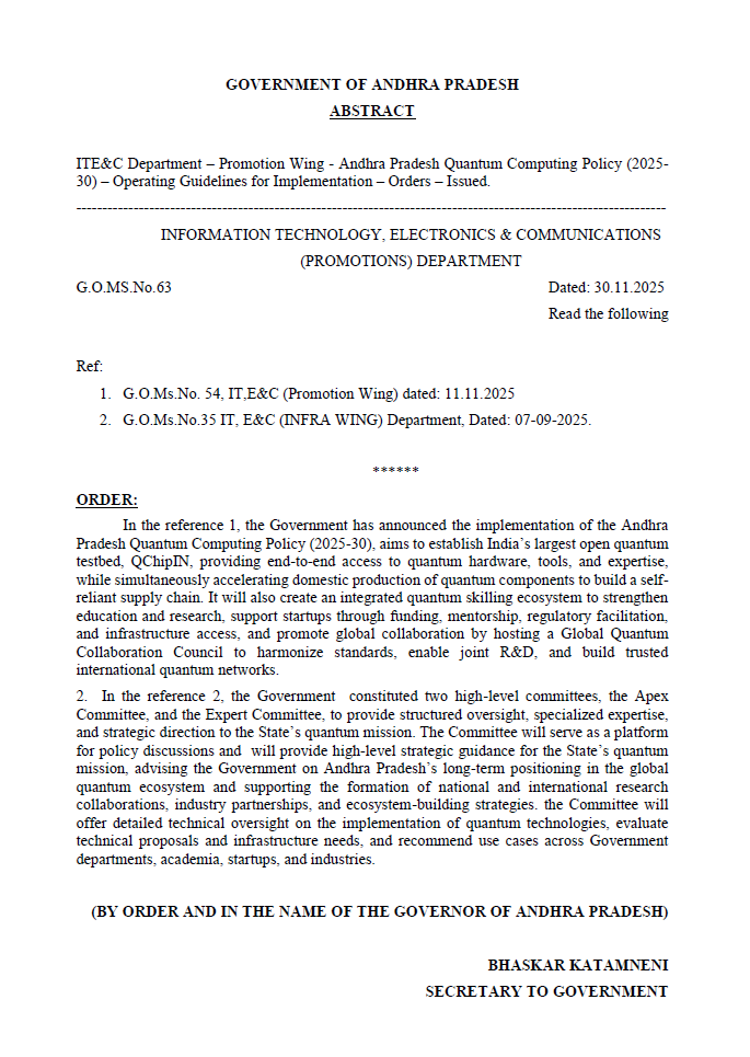 AP_CRDANews's tweet image. GoAP issued orders on the &quot;Operational Guidelines&quot; of:

🧑‍💻Andhra Pradesh Neighbourhood Workspace Policy
🧑‍💻Andhra Pradesh Quantum Computing Policy

#AndhraPradesh #InvestInAP #quantumcomputingindia #quantum_technologies