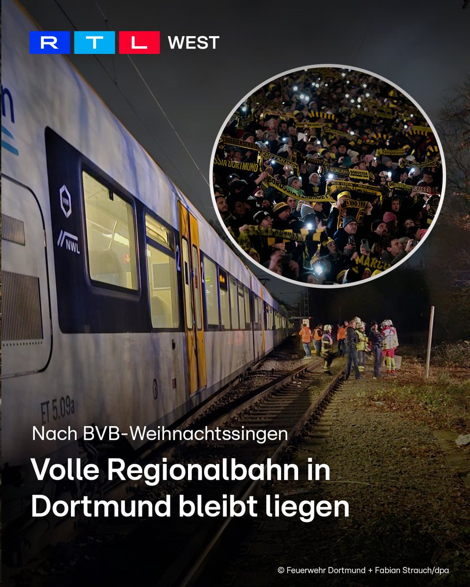RTLWEST's tweet image. In #Dortmund ist gestern Abend eine Regionalbahn liegen geblieben. Vermutlich war sie viel zu voll. Die #Bahn hatte kurz nach dem Signal-Iduna-Park einen technischen Defekt. Dort war zuvor das #BVB-#Weihnachtssingen mit 70.000 Besuchern zu Ende gegangen. Tausende Menschen
