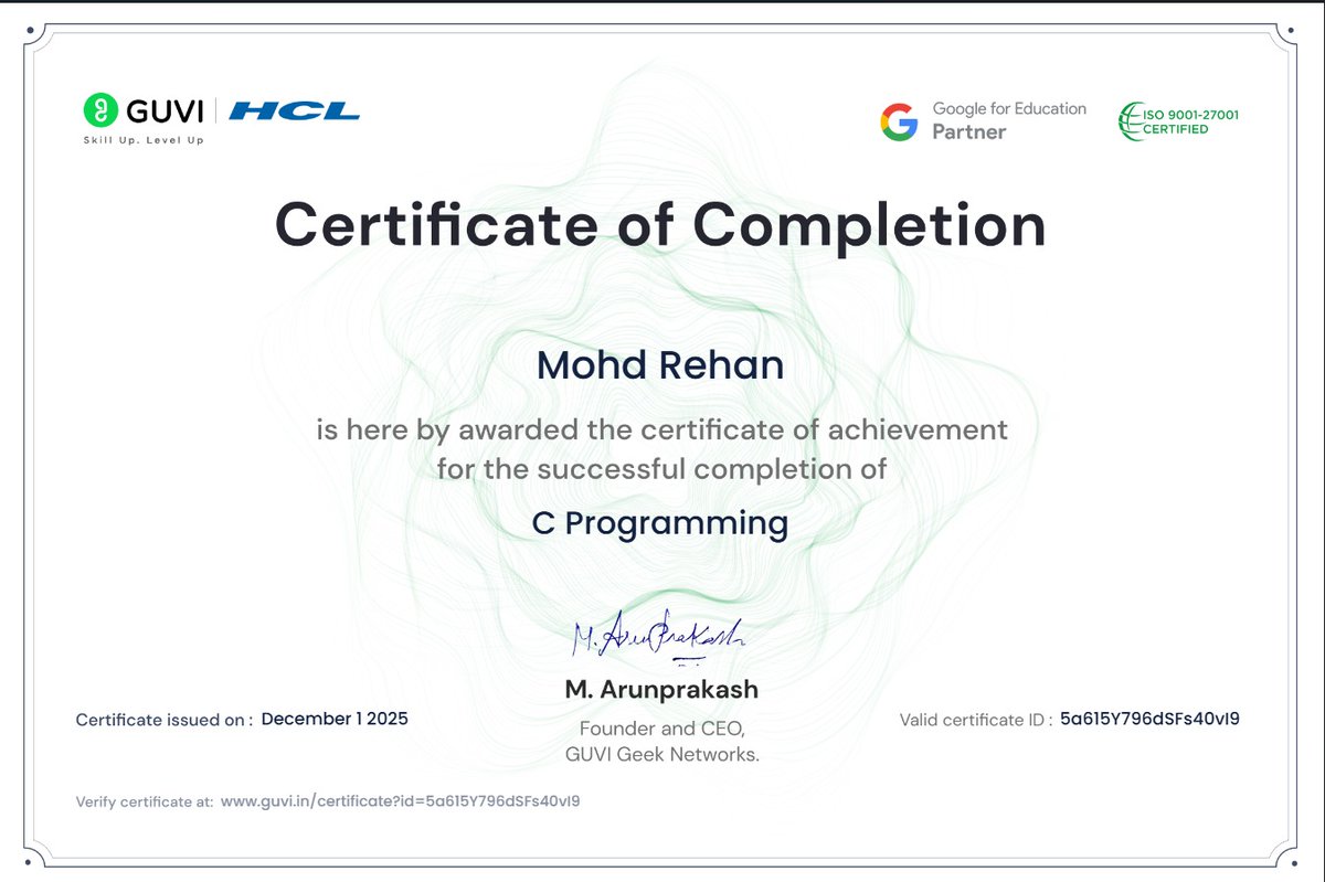 RehanSiddi66398's tweet image. 😉
---
Proud to complete the C Programming Course from GUVI. Strengthened my fundamentals in algorithms, memory management, and efficient coding practices. Looking forward to applying these skills in upcoming projects.
#CProgramming #GUVI #Upskilling
---