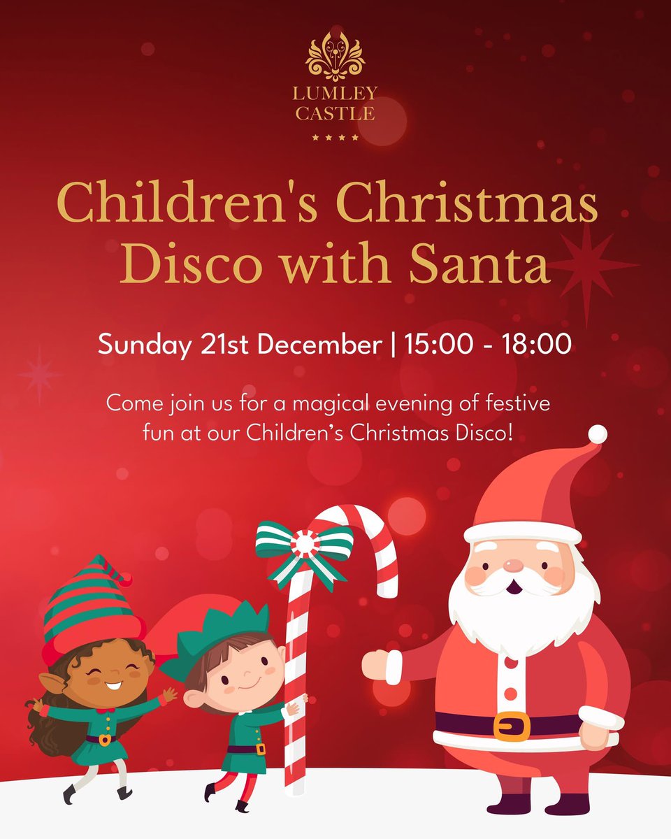 Children’s Christmas Disco at Lumley Castle, where you can enjoy dancing, games, prizes and a special visit from Santa himself! 🎅🎄⛄️
Sunday 21st December | 3pm - 6pm
A magical afternoon your little ones will love!
Book your space now at lumleycastle.com/christmas/