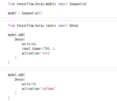 mgktaq's tweet image. 翔泳社『現場で使える！TensorFlow開発入門』
実践＆修正
第4章 順伝播型ニューラルネットワーク
Kerasによる実装

Sequential APIでモデルを構築
入力は画像の要素を一次元化したもので784 中間層は全結合層として1層追加、ノード数は64として、活性化関数はReLU

Python, TensorFlow, プログラミング