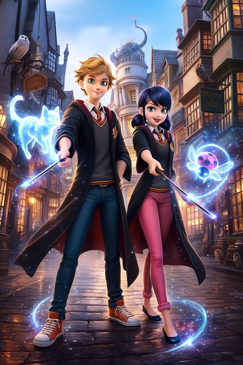 Goth_Nebula's tweet image. #HarryPotter #Adrienette #chatgpt5 
Just a bit of fun with ChatGPT art of Adrienette in the Harry Potter World. Especially their patronus charm based on their miraculous animal theme.