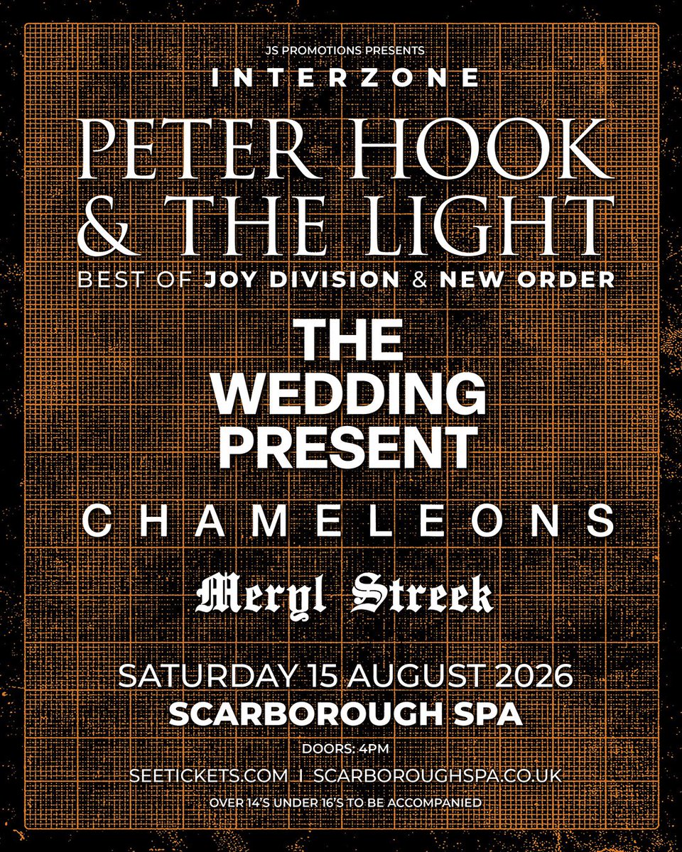peterhook's tweet image. We’re returning to Scarborough for the next edition of ‘Interzone’ at @scarboroughspa on Saturday 15th August alongside @weddingpresent @ChameleonsBand &amp;amp; @MerylStreek…

Tickets for this one will go on sale from this Wednesday 3rd December at 10am via peterhookandthelight.live