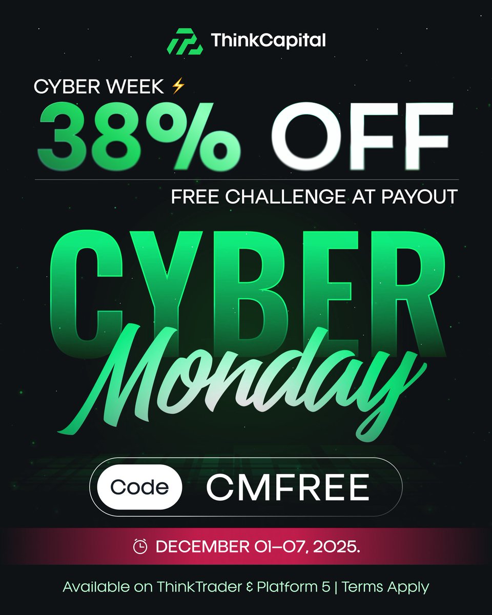 thinkcapitalcom's tweet image. Missed Black Friday? We’ve got you covered 💚  
Cyber Monday is LIVE — use code CMFREE for 38% off + a free challenge on payout.  
Don’t miss this one.