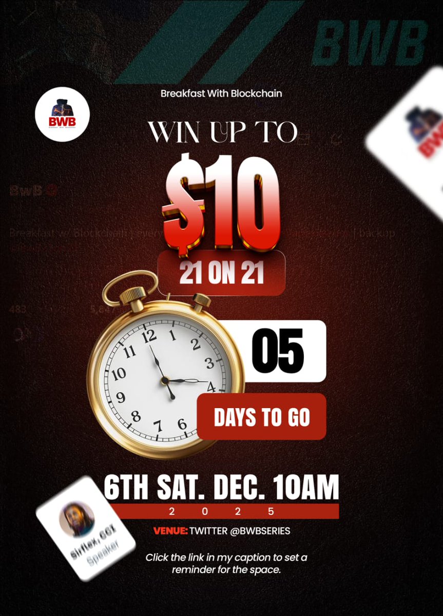 bwbseries's tweet photo. 5 days for you to win $10 for 2 questions...

One fun fact about 21on21, its the only BwB session where everyone becomes a speaker

#BwB #BwBSeries #Series147 #SeventhCycle #BwB21on21., 1 https://t.co/UxFC02CtzL