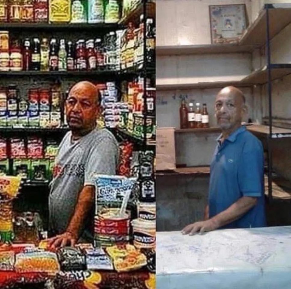 MorTony13's tweet image. Como se pode comprovar, um dos benefícios do socialismo é que faz emagrecer.

Foto de um lojista da Venezuela antes e depois do socialismo