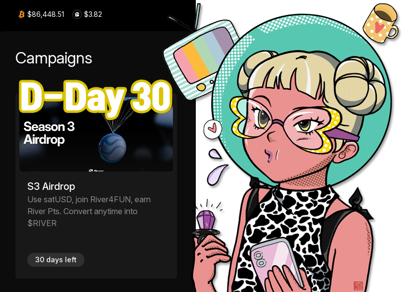 River 에 찾아온 12월, 시즌3 종료 D-day 30
"변동성의 바다 위에 놓인 단 하나의 닻, $satUSD "
<a href="/River4fun/">River4FUN 🐝</a> <a href="/RiverdotInc/">River</a> 의 시즌 2와 3까지 진행하면서 정말 많은 일들이 있었어요.  이벤트,  약간의 계정 성장,  이웃간의 교류와 다양한 정보들.. $RiverPts 이슈까지 꽤 많은 변화가 있었는데요.