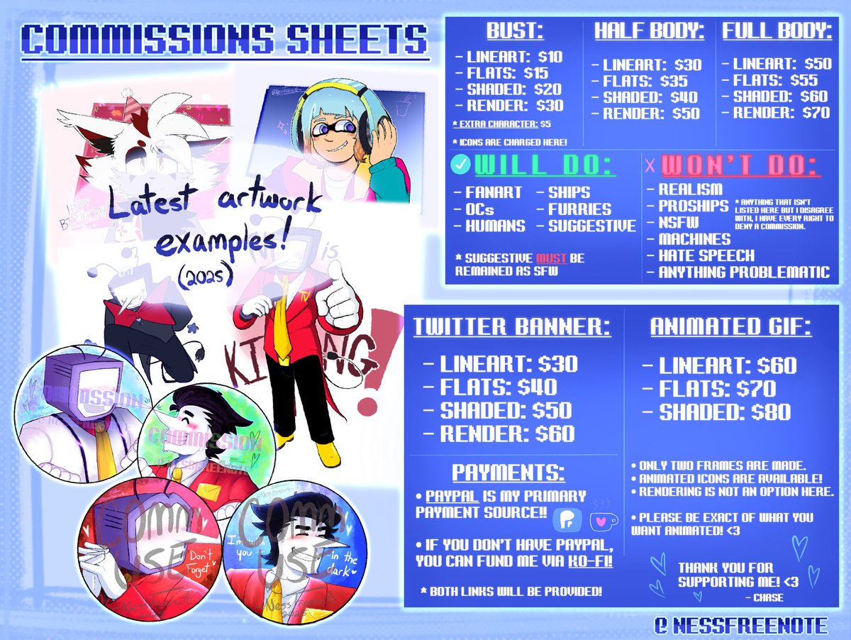 c0mmission sheets are reopened with a brand new sheet!
boosts would be appreciated 💙

if any other questions, my DMs will remained opened — ✉️