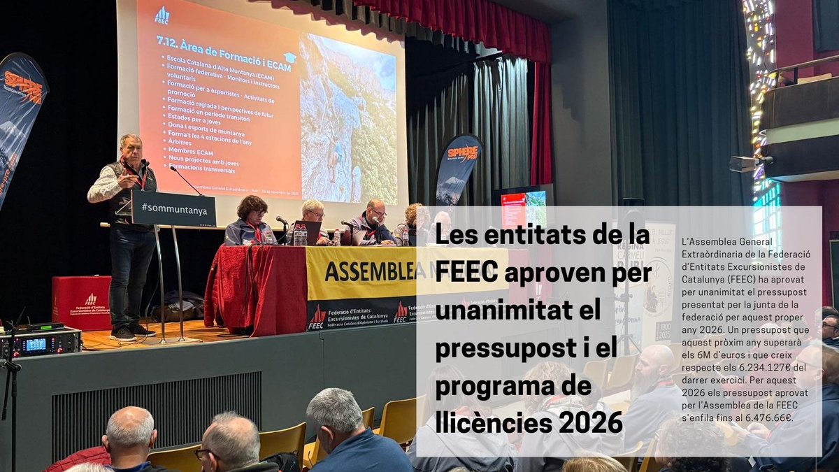 Les entitats de la #FEEC aproven per unanimitat el pressupost i el programa de llicències 2026.

🔗tuit.cat/7LfWe

#sentlamuntanya #sommuntanya #somentitats