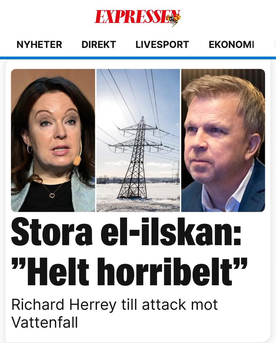 Nils_Littorin's tweet image. ”Statliga Vattenfall gör 33,4 miljarder i vinst, har en vd som tjänar 1,5 miljoner i månaden och höjer elnätsavgifterna med 14 procent.

– Det sticker i ögonen på vanliga människor helt enkelt, säger den tidigare riksdagsledamoten och Eurovisionvinnaren Richard Herrey”