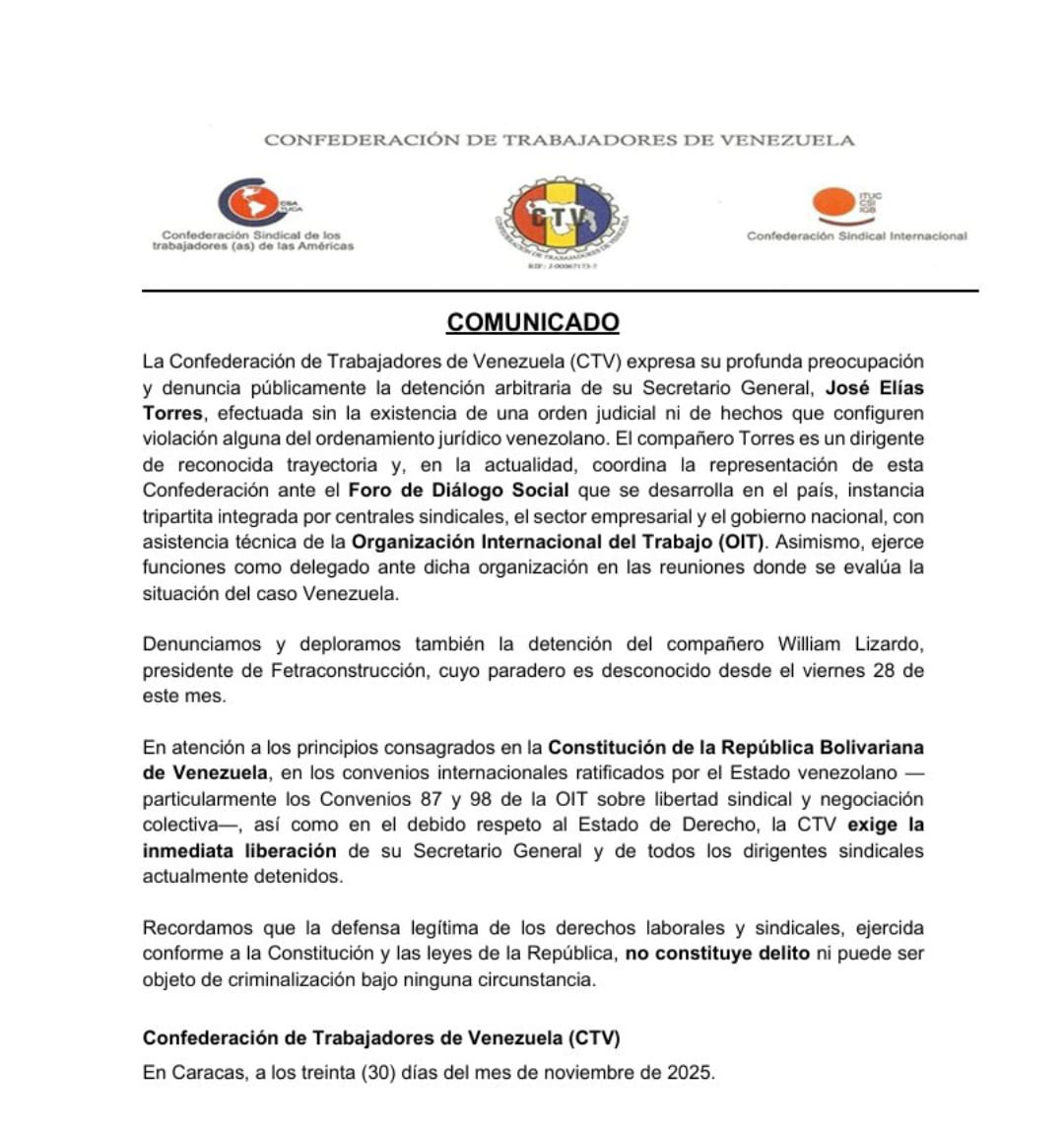 Defender derechos laborales no es un delito. Exigimos la libertad inmediata y plena de José Elias Torres, presidente (e) de la CTV.

#OIT #Venezuela