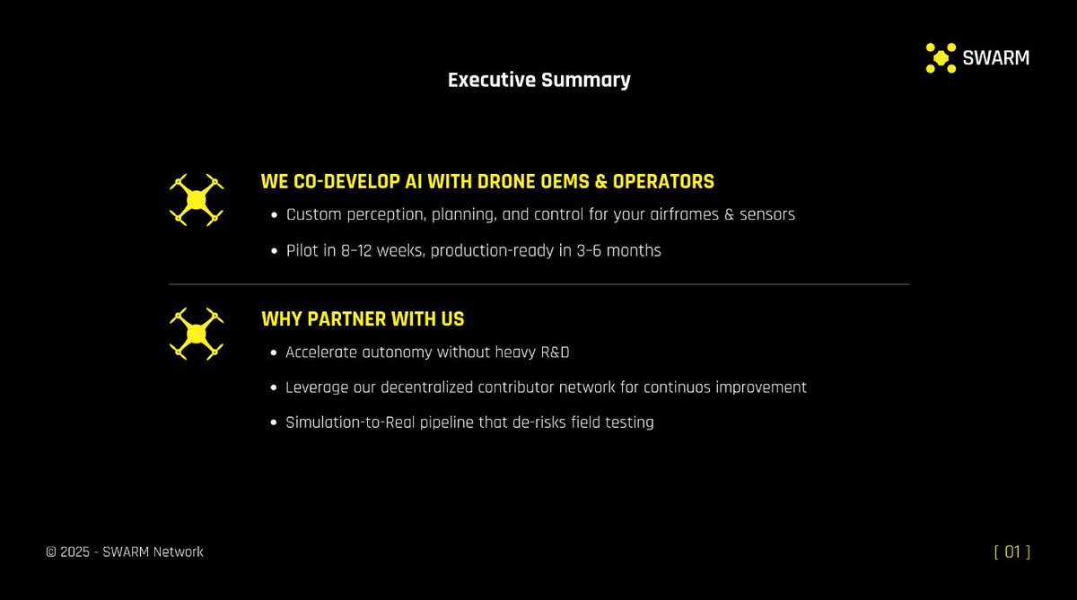 We’ve published a partner deck for #drone operators, and autonomy teams looking to understand how Swarm can fit into their workflow:

github.com/swarm-subnet/s…

It outlines how our platform enables organizations to train tailored autonomous #AI flight models through our global