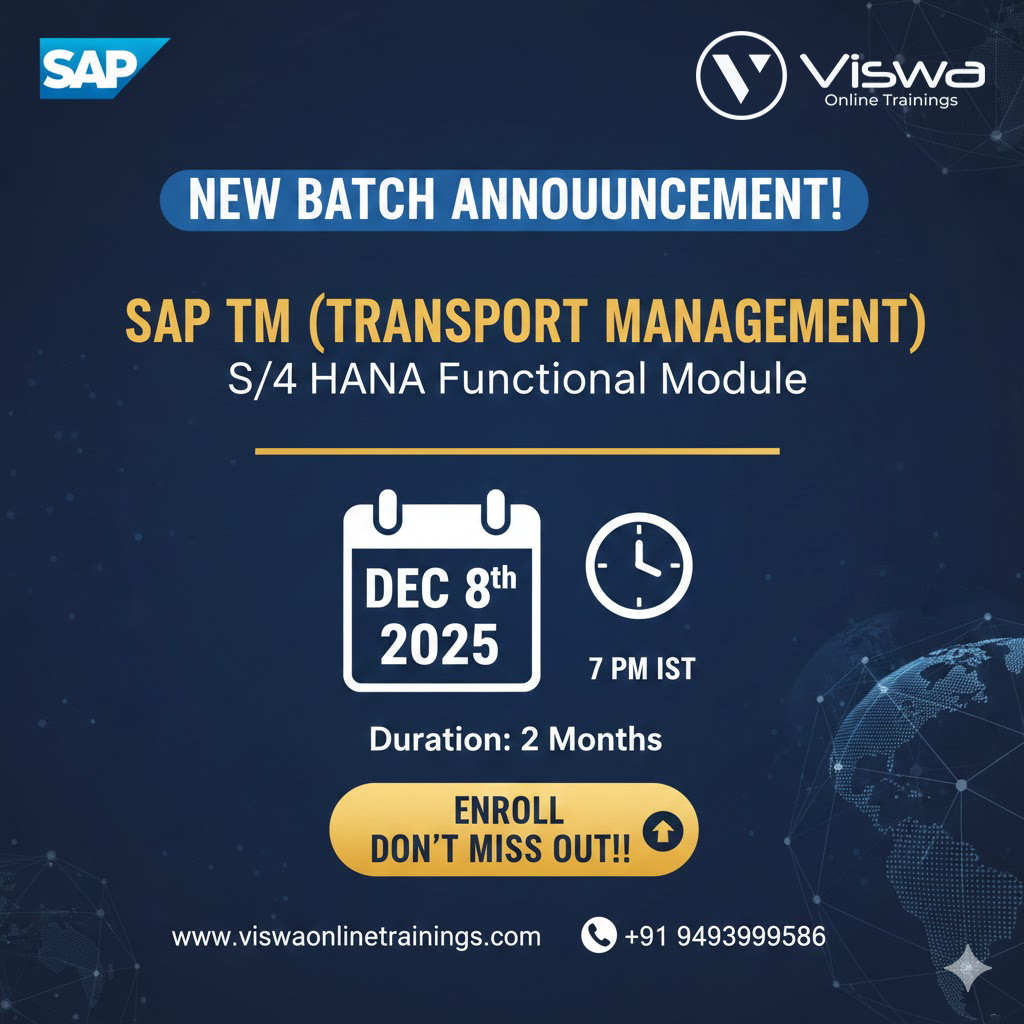 ViswaTrainings's tweet image. 🚨 NEW BATCH ALERT! 🚨 Master SAP TM S/4 HANA Functional Module! 🗓️ DEC 8th, 2025 @ 7 PM IST ⏳ 2 Months

Boost your career! Enroll now: viswaonlinetrainings.com | +91 9493999586
#SAPTM #S4HANA #Training #EnrollNow