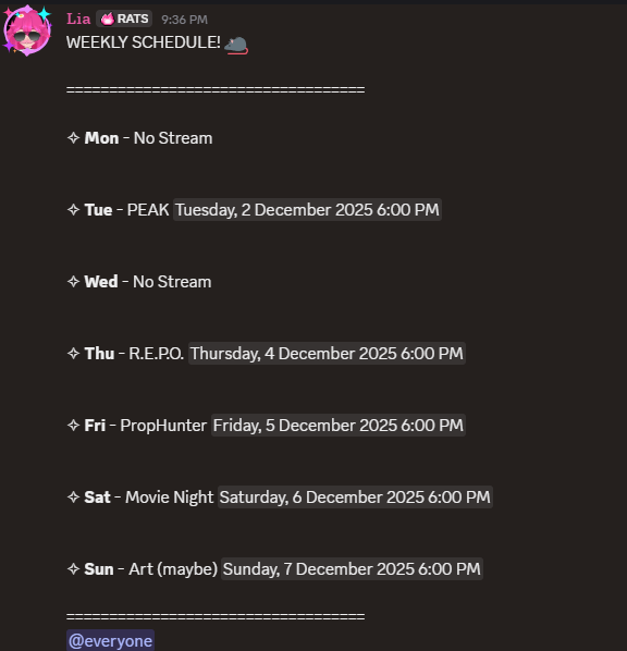 here's this weeks schedule! all time in AEDT