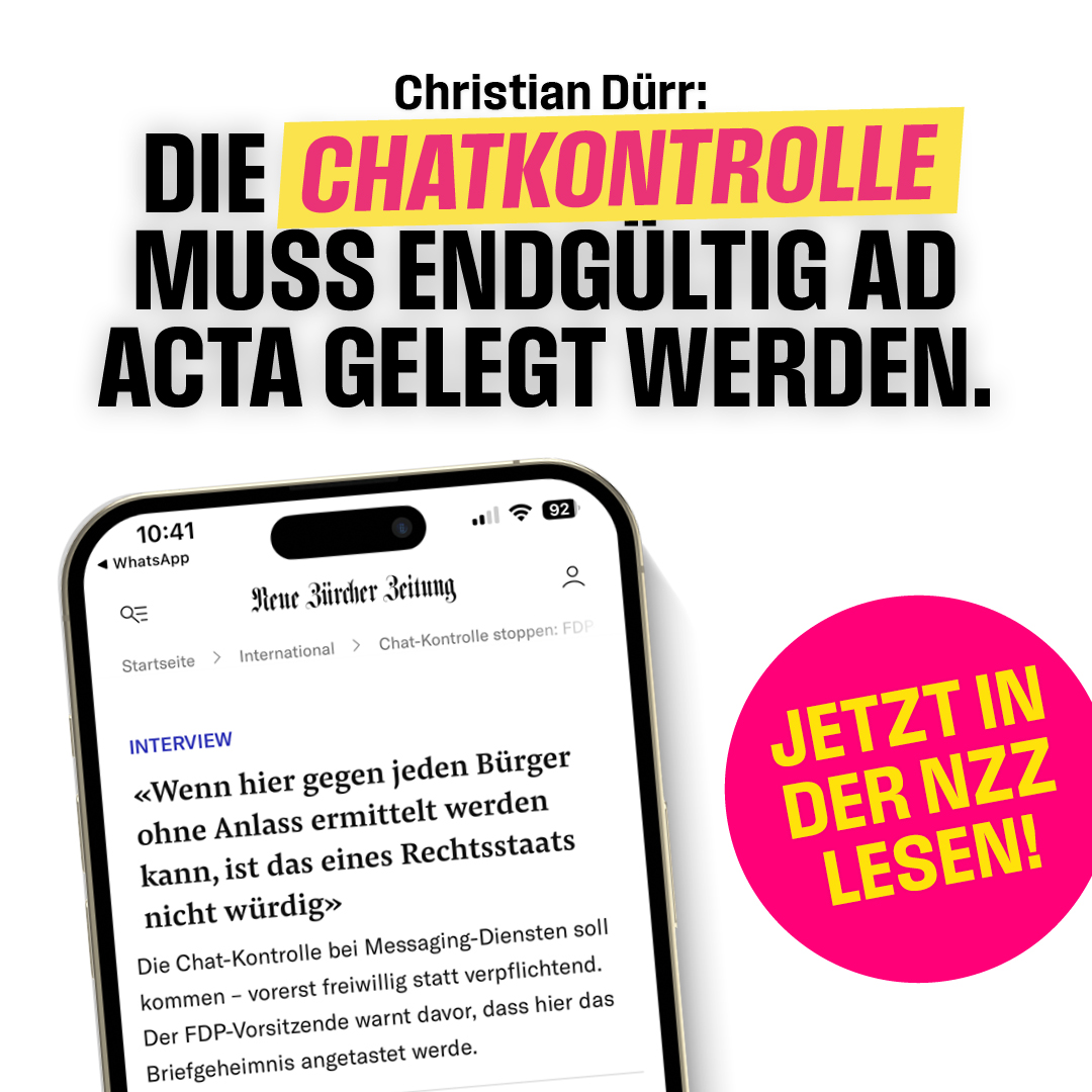 Bei der #Chatkontrolle geht es um das digitale Briefgeheimnis. Wenn Anbieter, vielleicht sogar zusammen mit dem Staat, jeden Brief öffnen dürfen, kann es in einem Rechtsstaat dazu nur ein klares Nein geben. Die Chatkontrolle muss gestoppt werden!

<a href="/christianduerr/">Christian Dürr</a> in der <a href="/NZZde/">Neue Zürcher Zeitung Deutschland</a> 👇