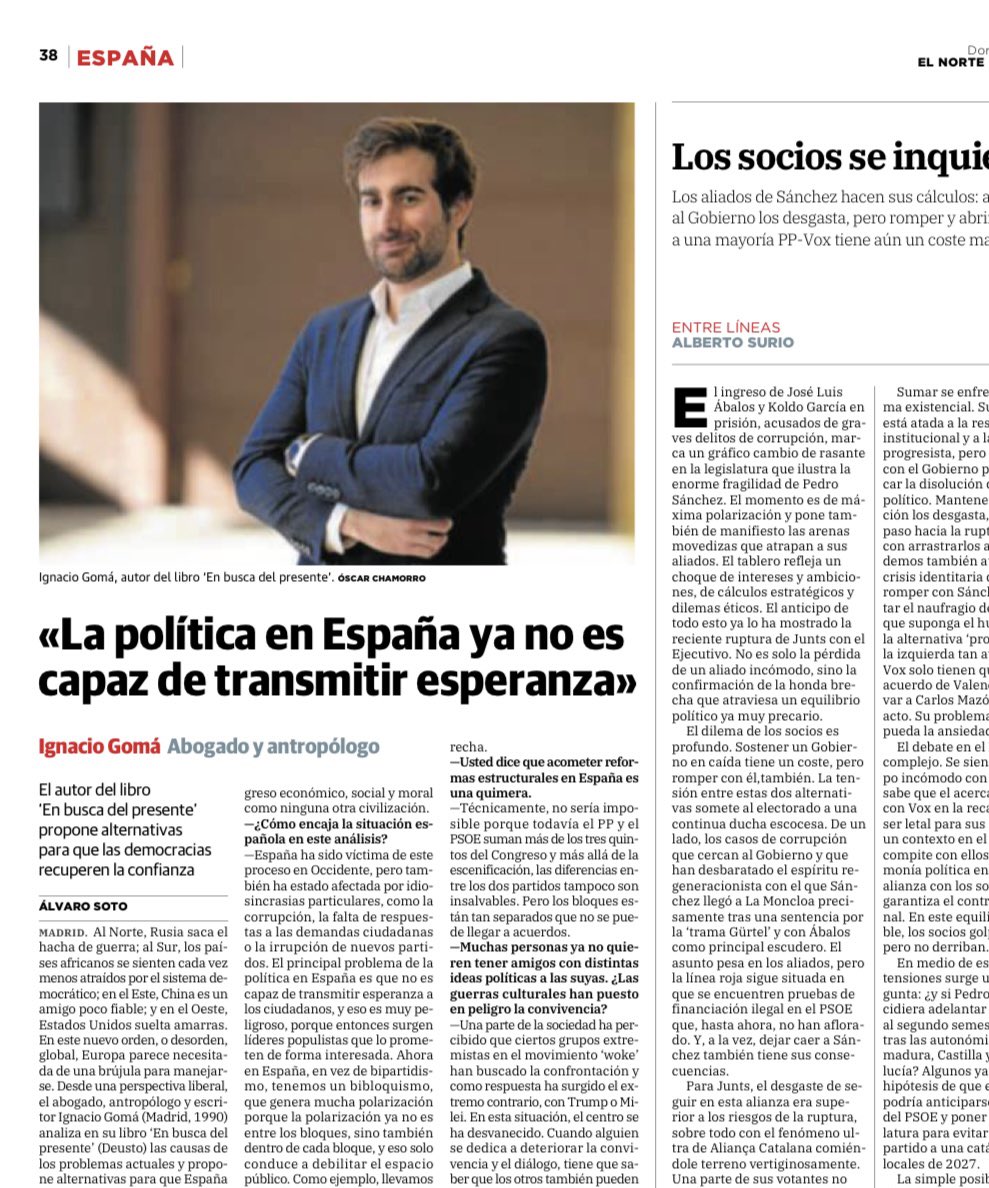 Comparto la entrevista que me hizo el grupo <a href="/Vocento/">Vocento</a> por mi libro «En busca del presente» (<a href="/EdicionesDeusto/">Ediciones DEUSTO</a>, <a href="/Planetadelibros/">PlanetadeLibros</a>). 

Gracias en especial a <a href="/AlvaroSoto80/">Alvaro Soto</a>, con quien pasé un estupendo rato charlando. 

La entrevista completa puede leerse aquí:
elnortedecastilla.es/nacional/polit…