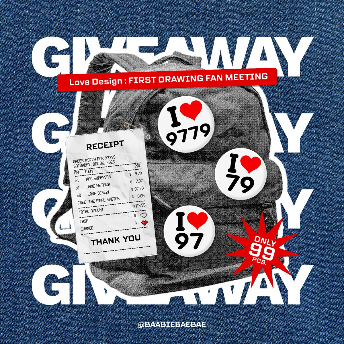 :¨ ·.· ¨:
 `· .  𐙚 pls rt &amp; show this tw ⭑.ᐟ #9779s_giveaway

𝗟𝗢𝗩𝗘 𝗗𝗘𝗦𝗜𝗚𝗡 : 𝗙𝗜𝗥𝗦𝗧 𝗗𝗥𝗔𝗪𝗜𝗡𝗚 𝗙𝗔𝗡 𝗠𝗘𝗘𝗧𝗜𝗡𝗚 𝗚𝗜𝗩𝗘𝗔𝗪𝗔𝗬

𝜗ৎ 𝙋𝙞𝙣 𝘽𝙪𝙩𝙩𝙤𝙣 𝜗ৎ
  — I ♥️ 9779 [33 ea]
  — I ♥️ 97 [33 ea]
  — I ♥️ 79 [33 ea]

⟢ Date ; 06 Dec
⟢ @ Phenix Hall